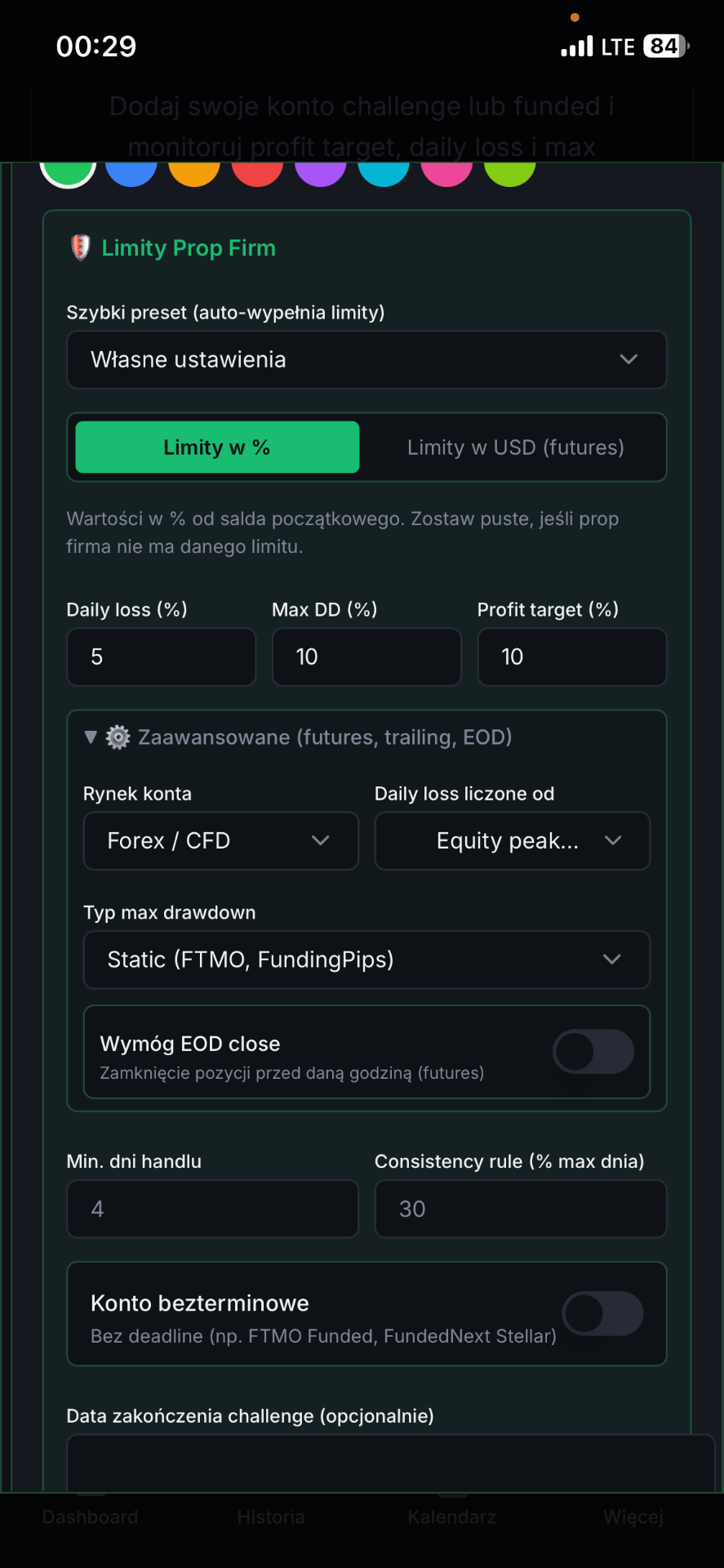 Panel Prop Firm Tracker w TradeLogic — presety FTMO/FundingPips, tryb % vs USD, trailing drawdown, EOD close