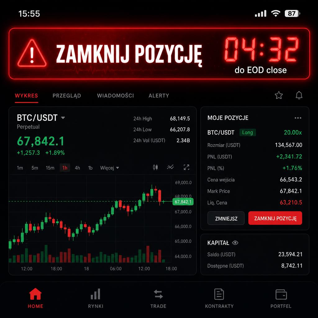 Krwistoczerwony baner EOD w TradeLogic — odliczanie 04:32 do zamknięcia sesji, alert trailing drawdown przed black-outem konta prop