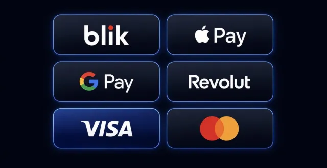 Akceptowane metody płatności: BLIK, Apple Pay, Google Pay, Revolut, Visa, Mastercard